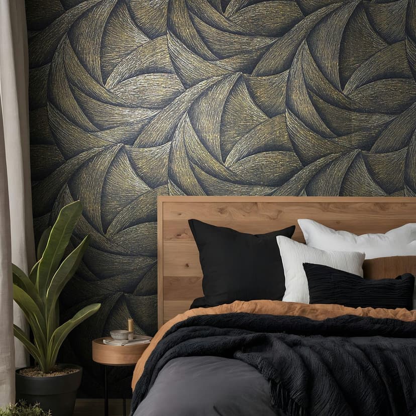Papel pintado no tejido en negro, dorado aspecto 3D ondas gráfico moderno