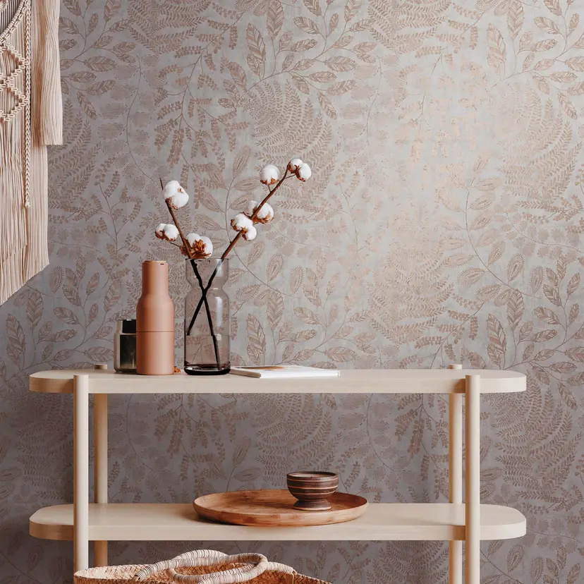 Copper gris floral no tejido papel pintado hojas de palma patrón de papel pintado sala de estar