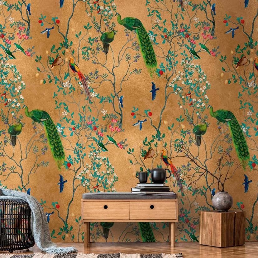 Papel pintado Pájaro exótico marrón colorido - Papel pintado no tejido con pavos reales para salón & dormitorio