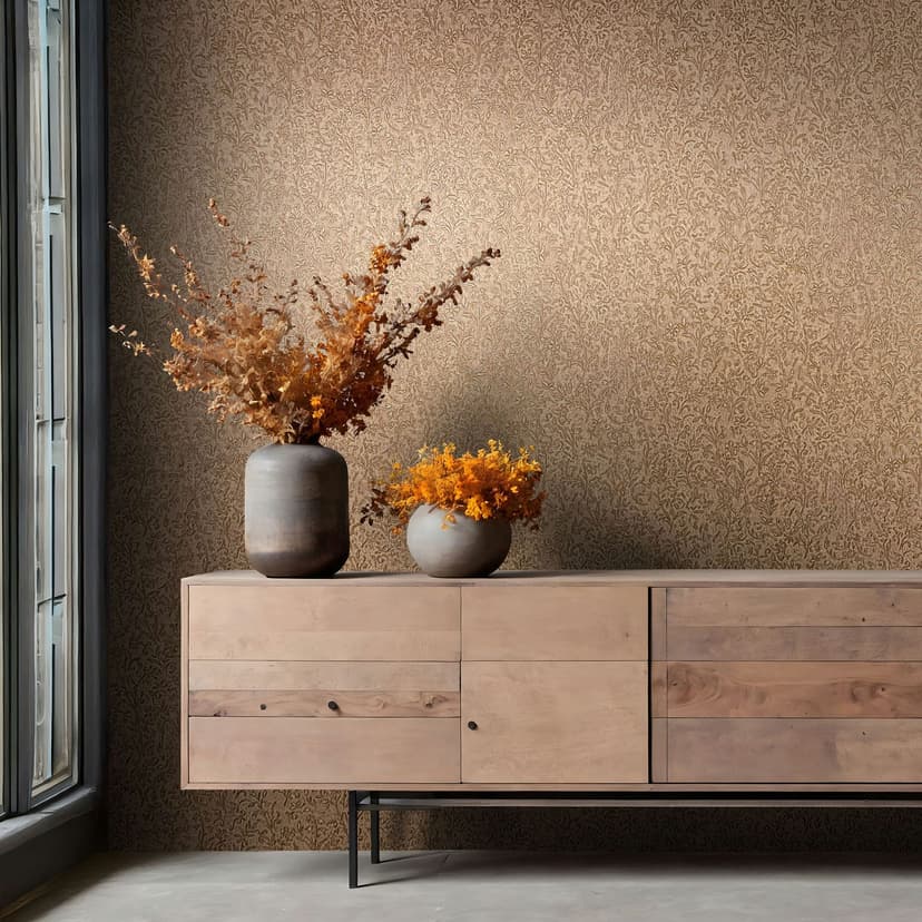 Papel pintado no tejido de color marrón, motivo de pan de oro naturaleza floral