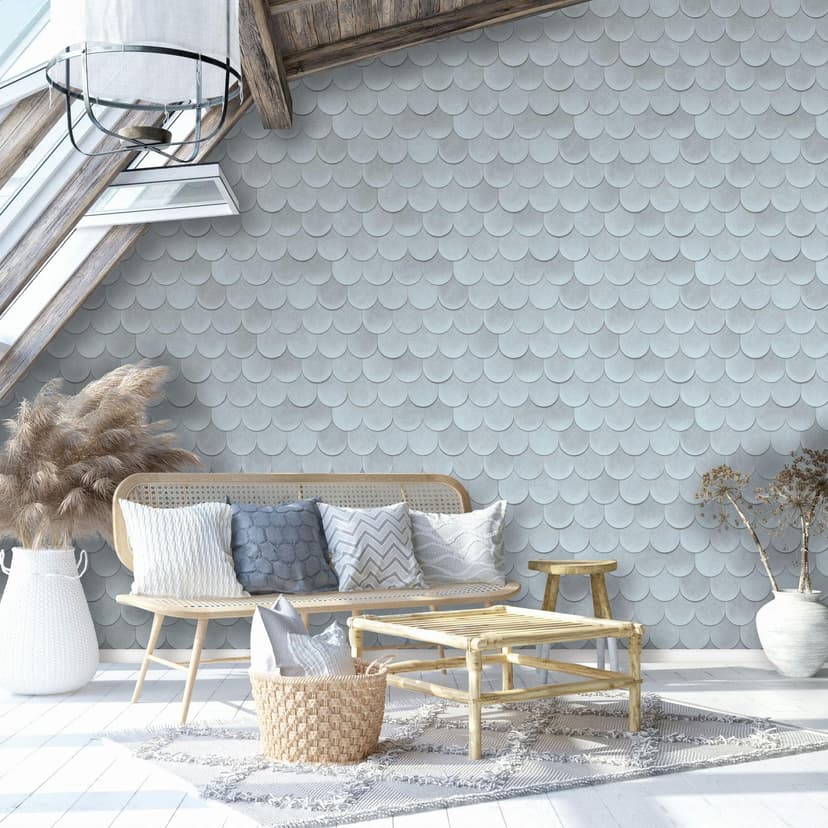Papel pintado no tejido en azul 3D look escamas vintage usado look geométrico