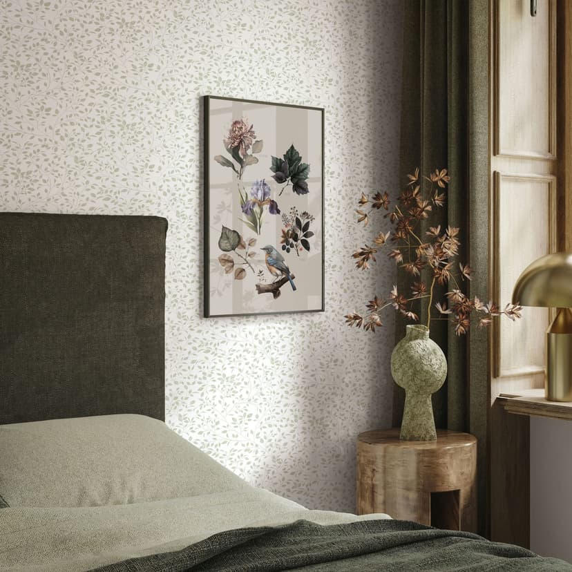 Papel pintado no tejido hojas naturaleza floral mate en blanco verde