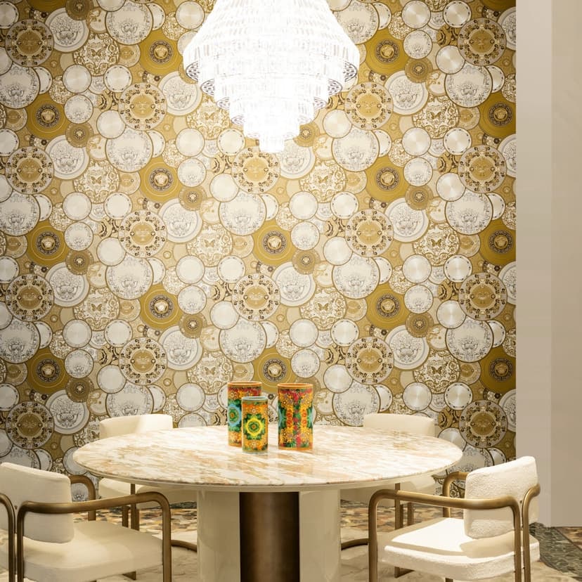 Versace Papel pintado no tejido Art De La Table Baroque Circles Medusa Meander Gold Cream