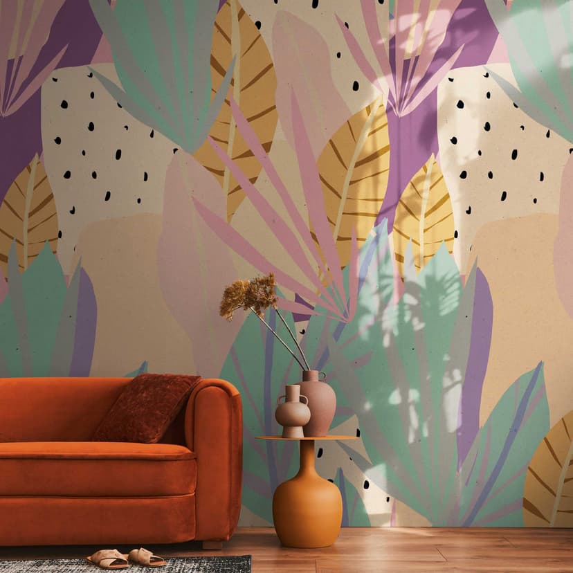 Papel pintado tropical rosa pastel verde - papel pintado selva con hojas - papel pintado no tejido moderno