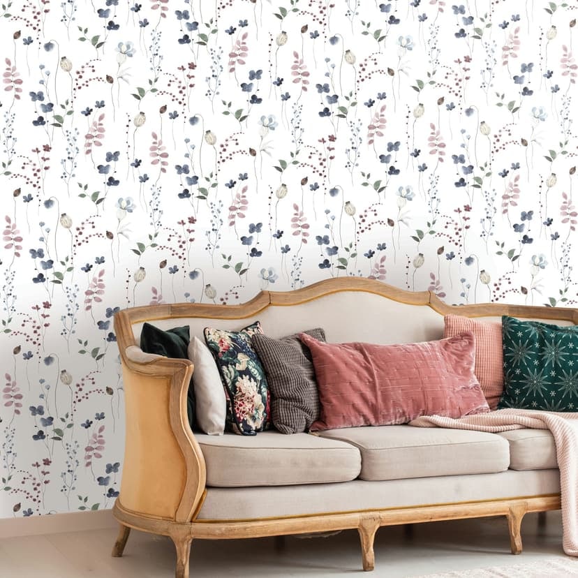 Papel pintado no tejido hojas, ramas naturaleza floral mate en blanco verde azul