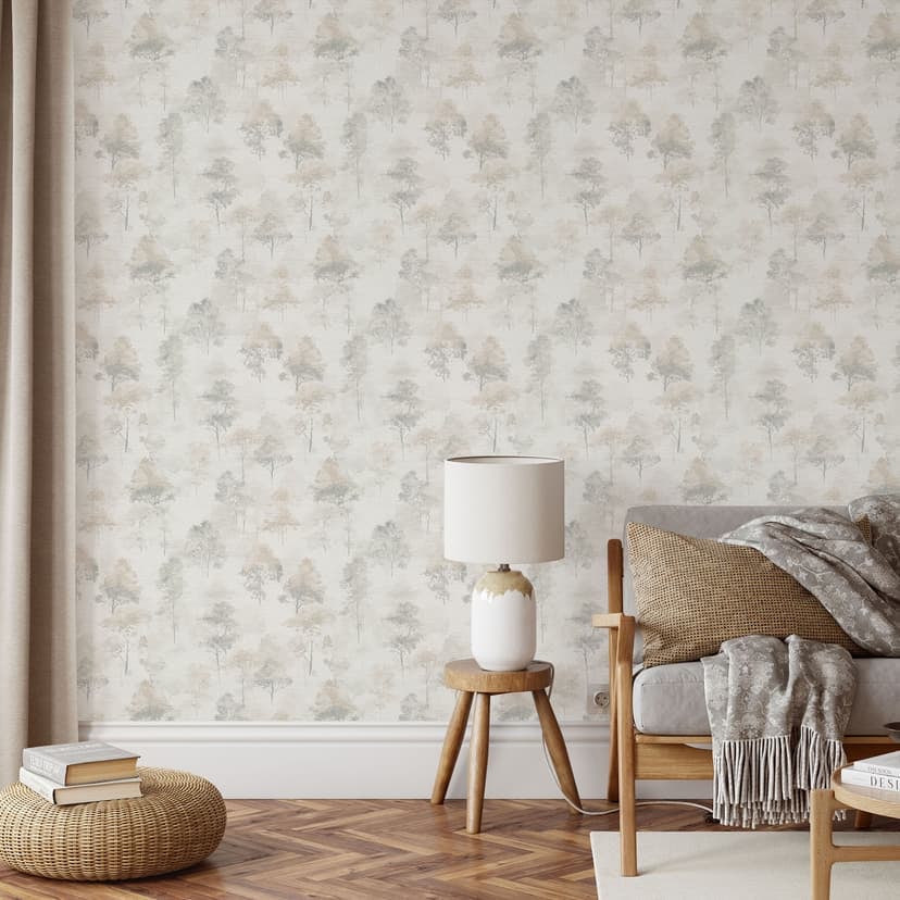 Papel pintado no tejido de acuarela bosque en beige grisáceo con árboles como sutil papel pintado de naturaleza