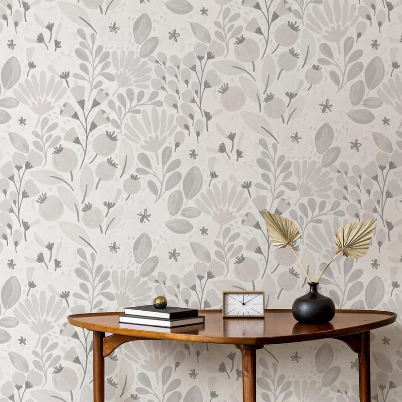 Papel pintado no tejido, papel pintado motivo floral La Terrasse gris, blanco