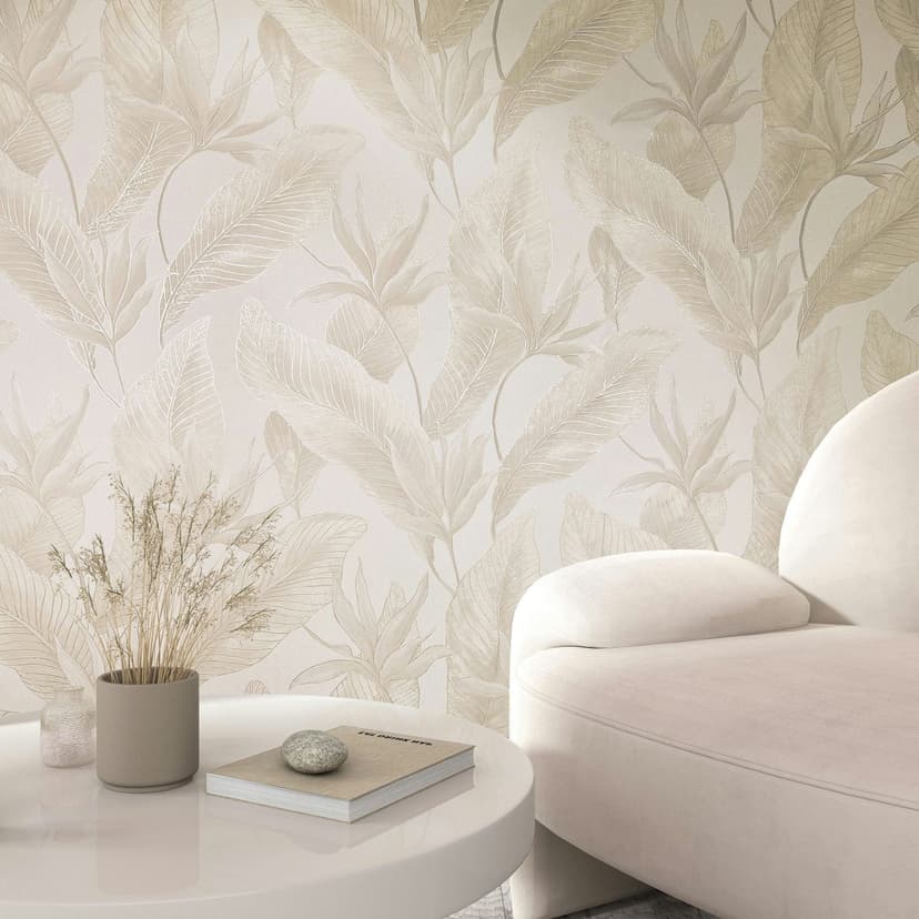 Papel pintado no tejido flores, hojas naturaleza floral en beige