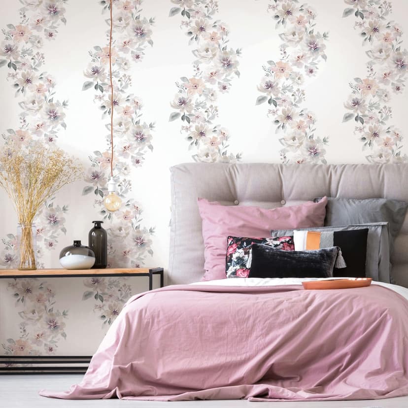 Papel pintado no tejido flores naturaleza floral, romántico mate en blanco gris beige