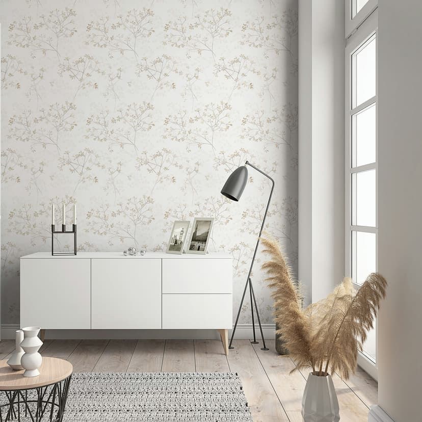 Papel pintado no tejido hojas naturaleza floral mate en blanco beige