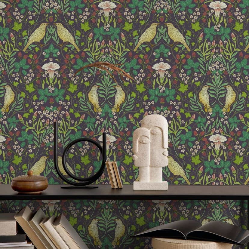 Papel pintado no tejido pájaros, flores naturaleza floral en negro