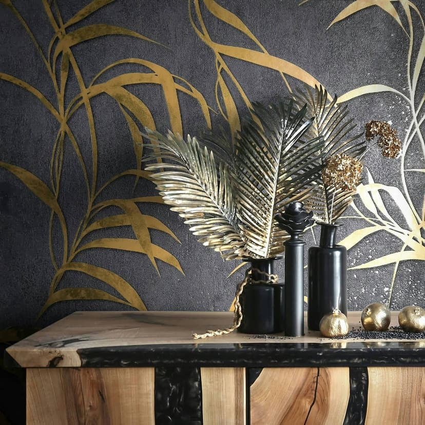 Papel pintado no tejido con hojas en hormigón de aspecto floral negro