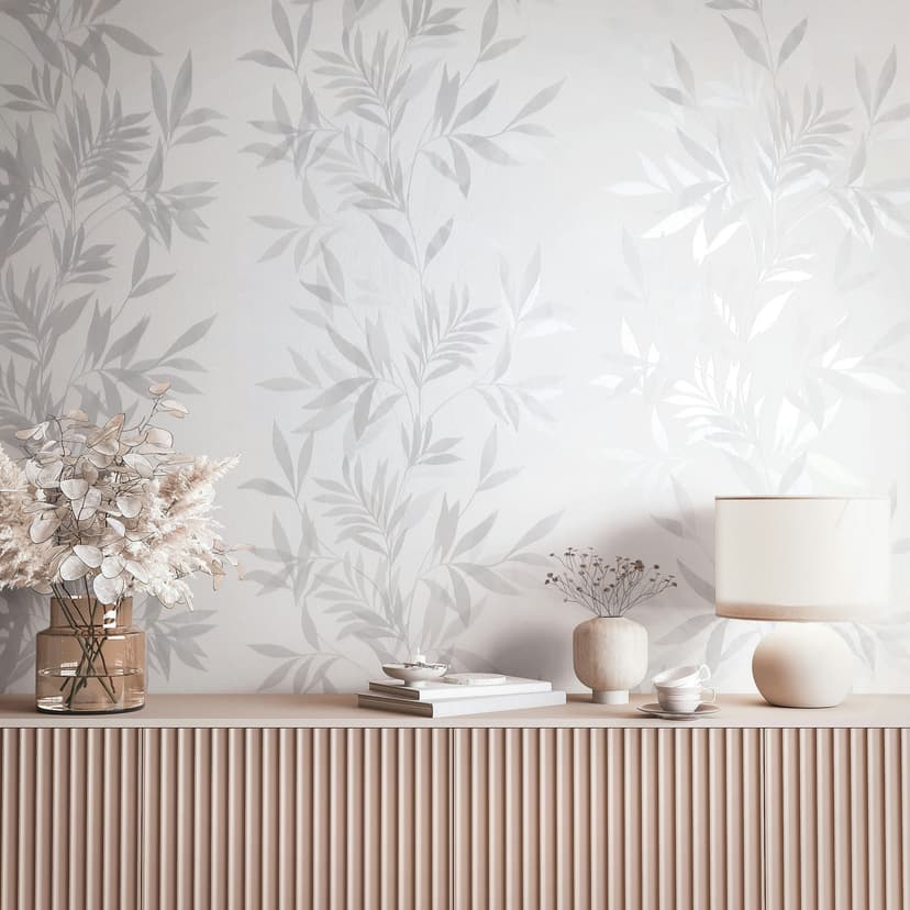 Papel pintado no tejido de color blanco, gris motivo hoja aspecto floral naturaleza