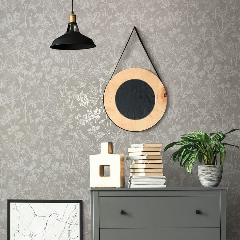 Papel pintado no tejido de color gris con motivo de hojas de aspecto floral naturaleza
