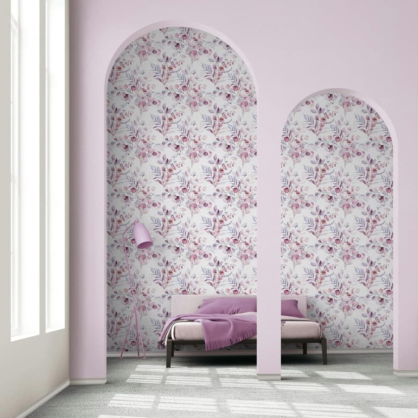 Papel pintado no tejido hojas, ramas naturaleza floral mate en blanco rojo