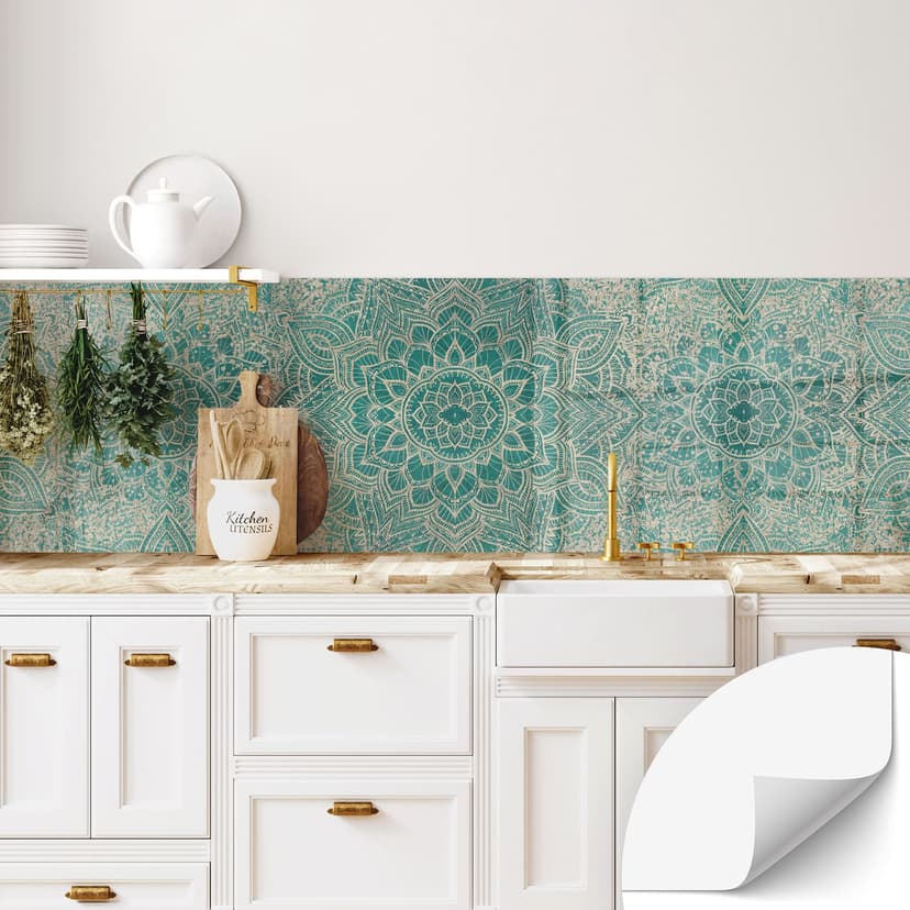 Salpicadero de cocina autoadhesivo Mandala Boho oro-verde - Bloomery Decor