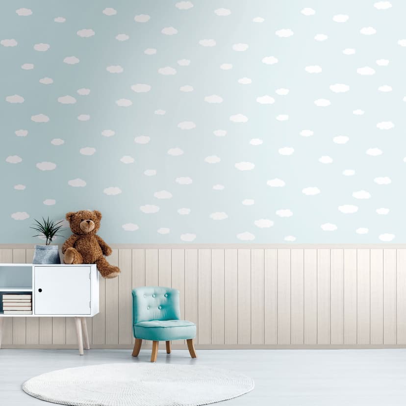 Nubes azul claro blanco con panel de madera - Papel pintado no tejido para habitación infantil, extensible
