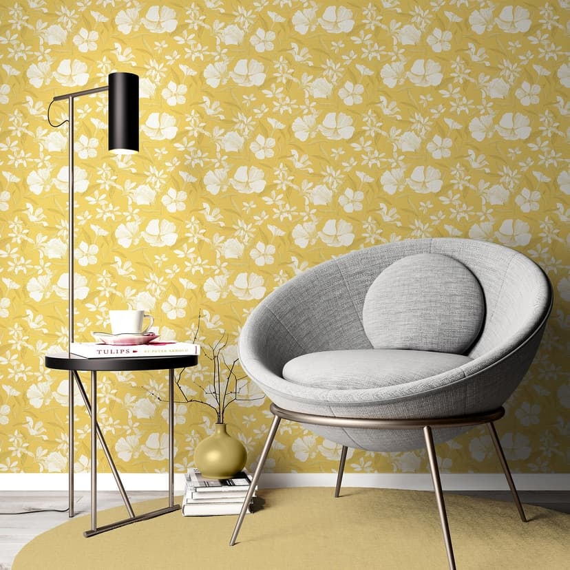 Papel pintado no tejido, papel pintado motivo floral La Terrasse amarillo, beige