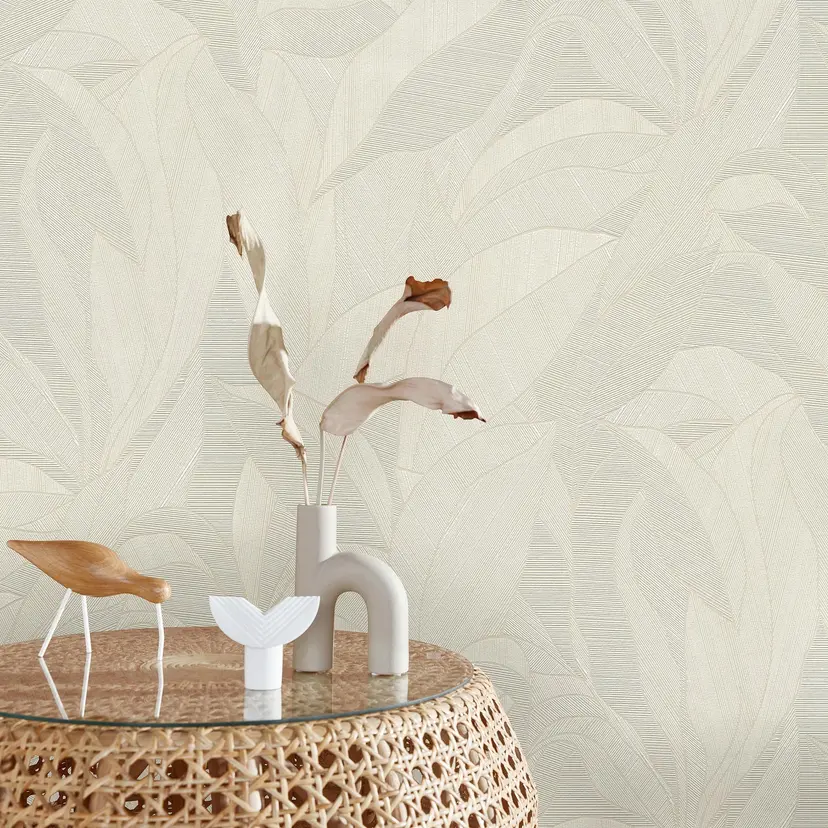 Papel pintado no tejido, papel pintado motivo hoja Cameo crema