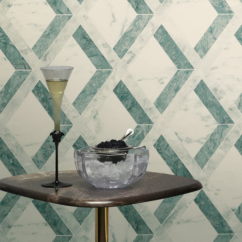 Versace Papel pintado no tejido Tarsia diamante look mármol verde blanco gráfico
