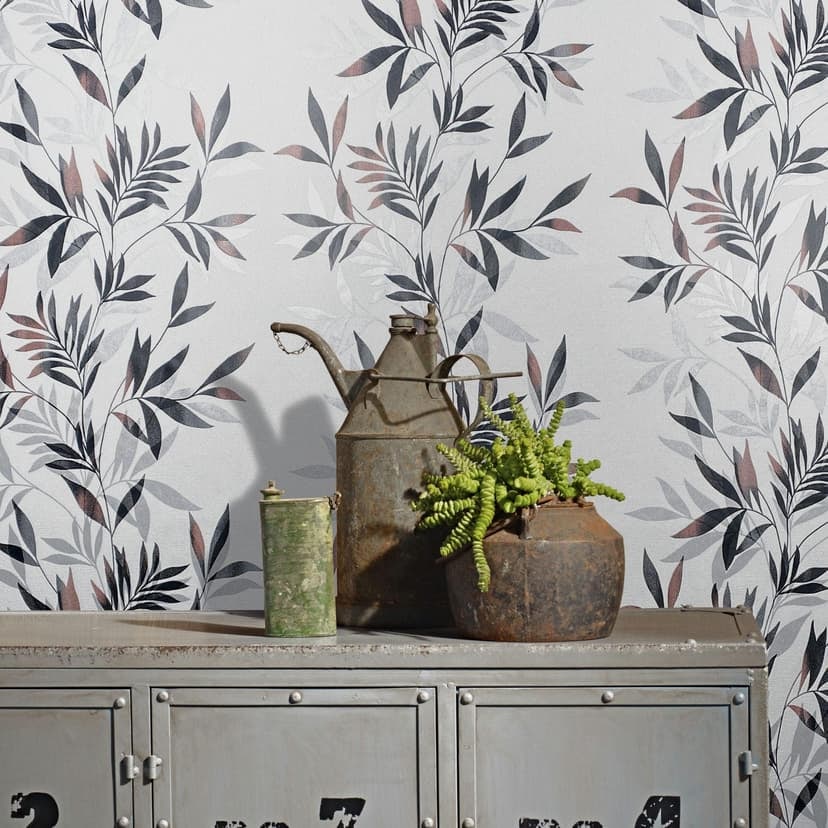 Papel pintado no tejido de color blanco, negro motivo hoja aspecto floral naturaleza