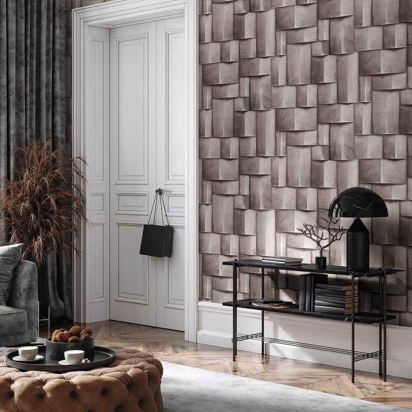 Papel pintado no tejido con motivo de madera marrón geométrico aspecto 3D