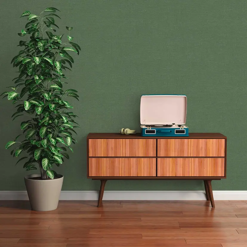 Papel pintado liso texturado en verde - Papel pintado no tejido de alta calidad con aspecto de lino