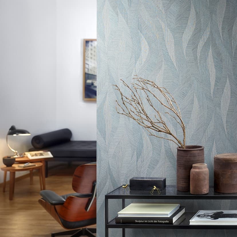 Papel pintado no tejido con aspecto de ola artística y ola azul