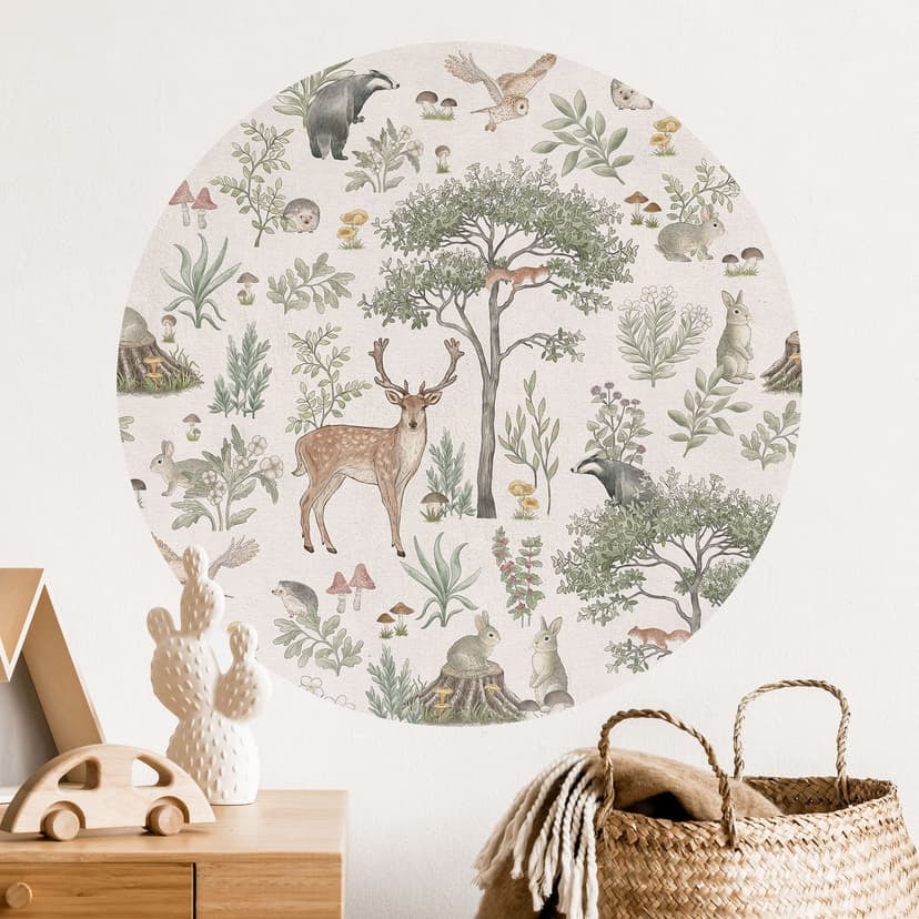 Vinilo decorativo bosque con animales - Crema vintage - Kikki Belle - Redondo