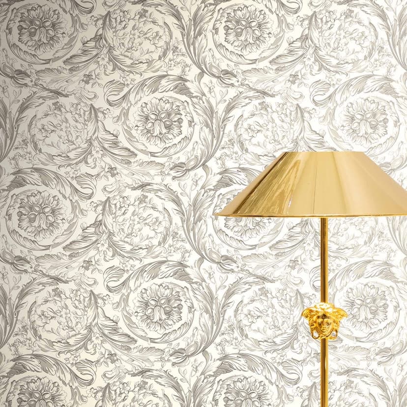 Versace Papel pintado no tejido Barocco neoclásico floral con arabescos gris blanco elegante