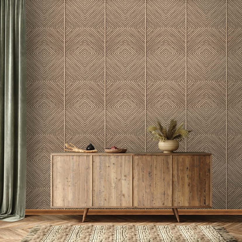 Papel pintado no tejido madera, geométrico aspecto madera, casa de campo mate en beige