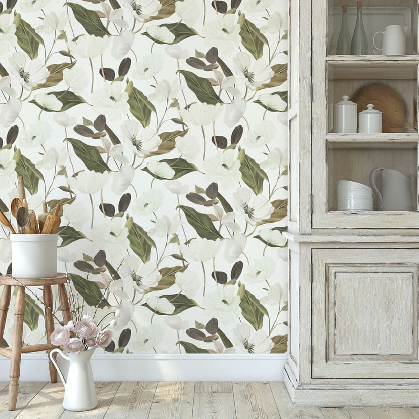 Papel pintado no tejido, Papel pintado motivo floral Jardín secreto verde