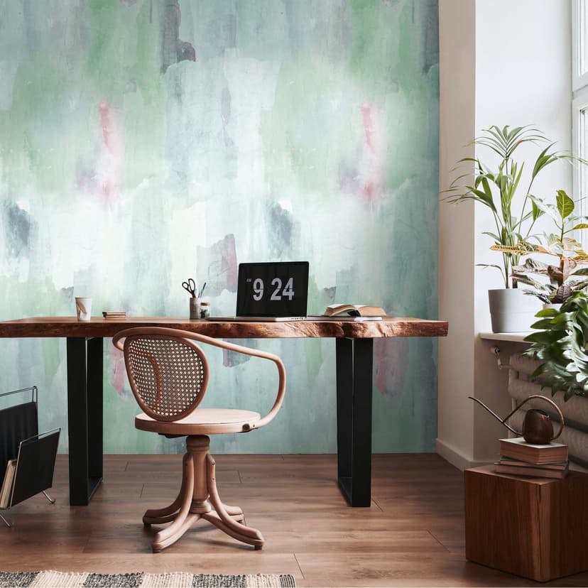 Papel pintado fotomural en verde rosa - papel pintado diseño artístico - papel pintado no tejido moderno