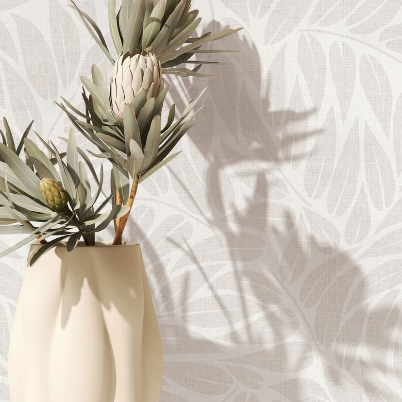Papel pintado no tejido hojas naturaleza floral mate en blanco grisáceo