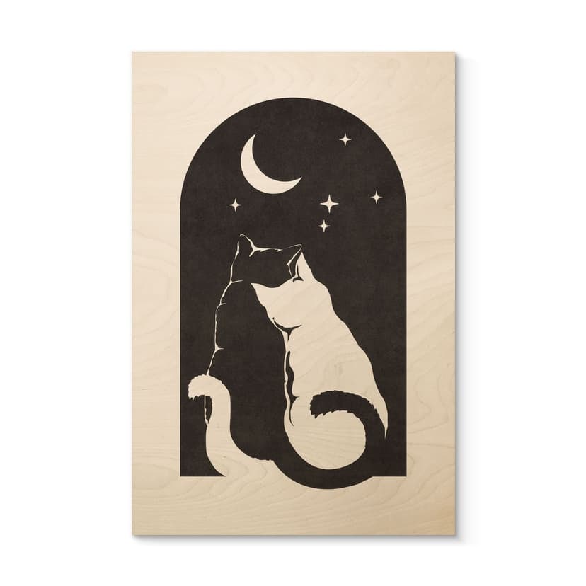 Cuadro de madera de dos gatos a la luz de la luna - Tunaboylu