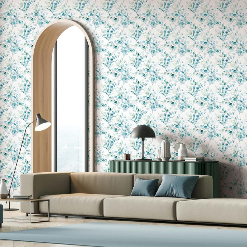 Papel pintado no tejido hojas, ramas naturaleza floral mate en blanco azul