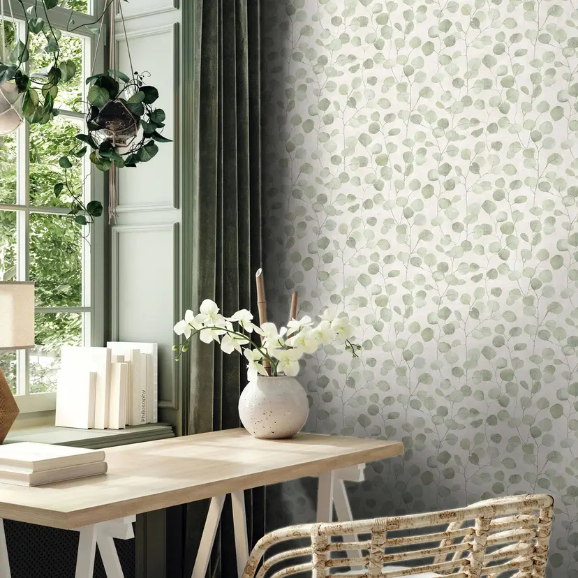 Papel pintado no tejido en hojas verdes aspecto naturaleza floral