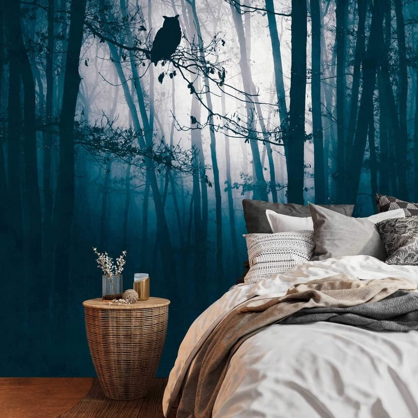 Bosque noche azul negro - Papel pintado no tejido con motivo de búho para salón & dormitorio