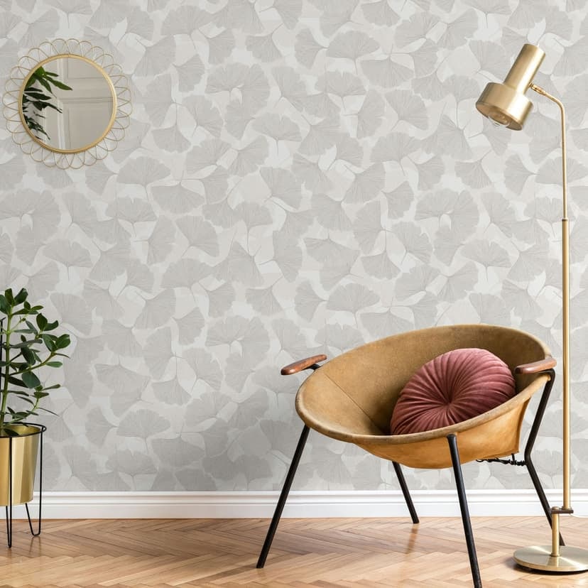 Papel pintado no tejido 3D, hojas naturaleza floral mate en gris beige