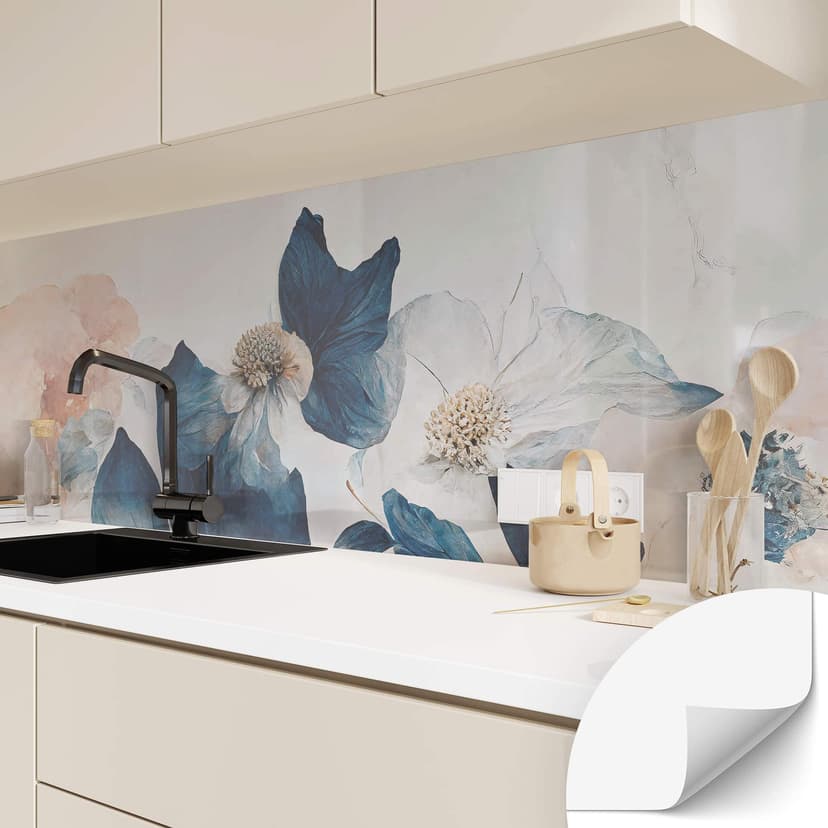 Salpicadero de cocina autoadhesivo Treechild - sueños florales en azul y rosa pálido