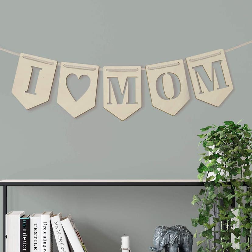Decoración en madera álamo - Cadena de banderines I Love Mum (set de 5) incl. cuerda de algodón