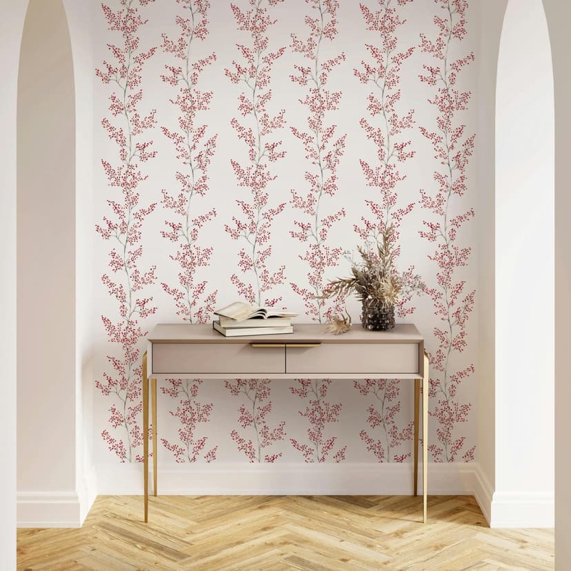 Papel pintado no tejido hojas, ramas naturaleza floral mate en blanco rojo