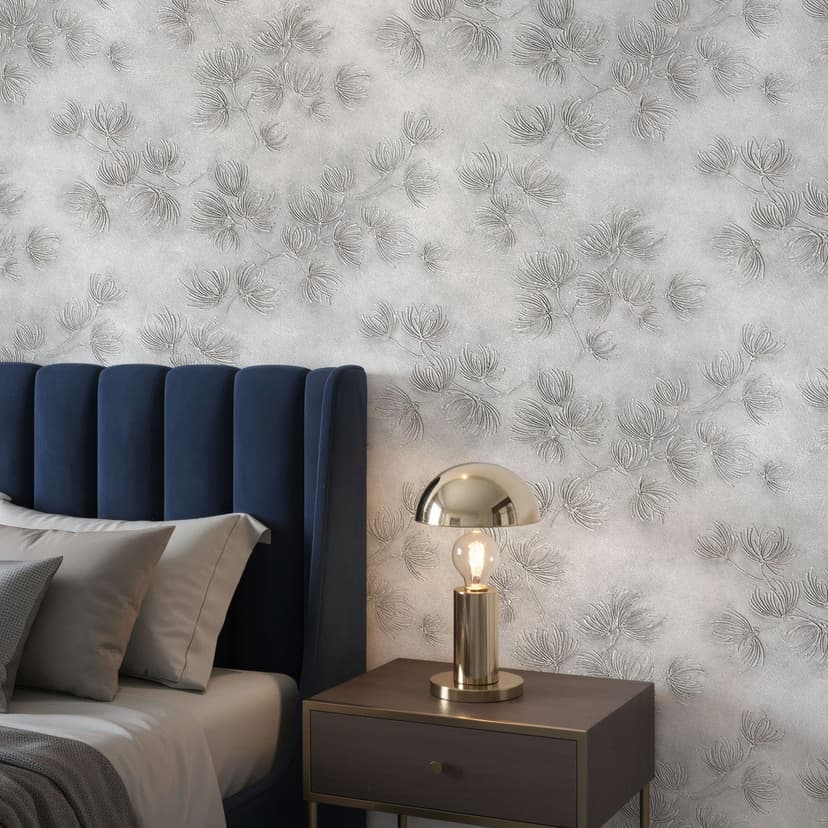 Papel pintado no tejido flores, hormigón naturaleza floral mate en gris