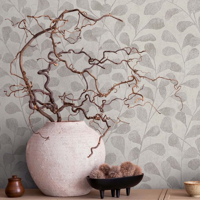 Papel pintado no tejido hojas, hormigón naturaleza floral en gris