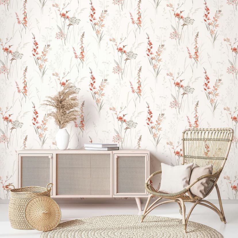 Papel pintado no tejido flores, hojas naturaleza floral mate en blanco rojo