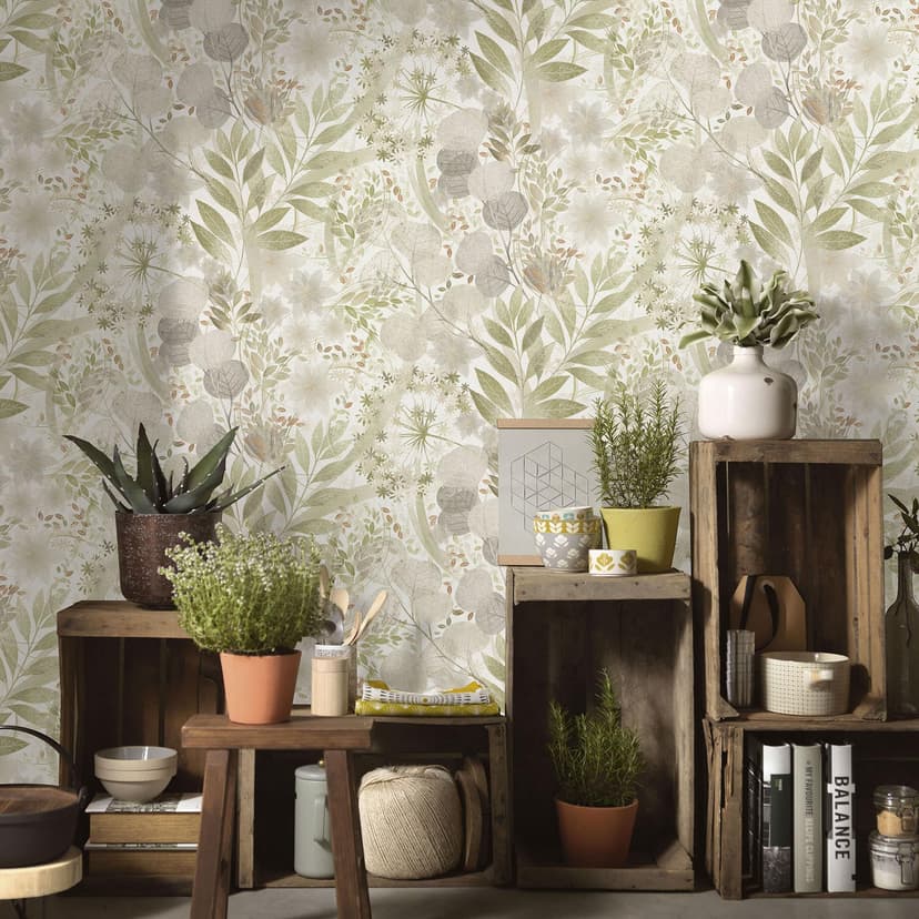 Papel pintado no tejido, papel pintado motivo hoja Secret Garden verde claro