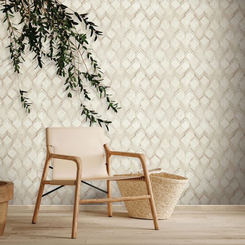 Papel pintado no tejido en blanco, beige rombo ilusión 3D look moderno
