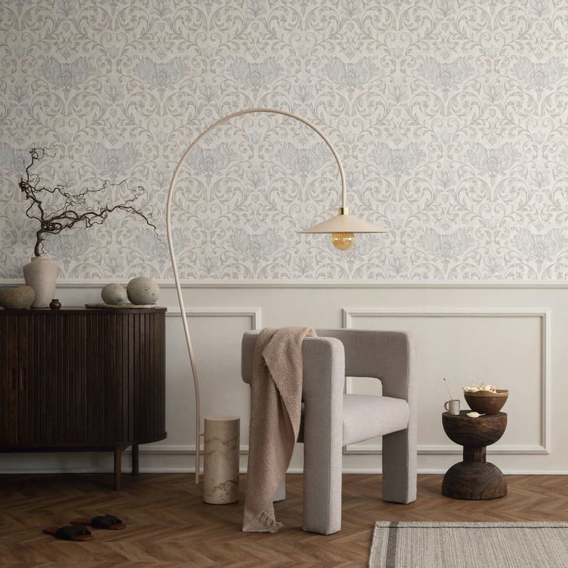 Papel pintado no tejido con flores, hojas ornamentales gris brillante, beige floral