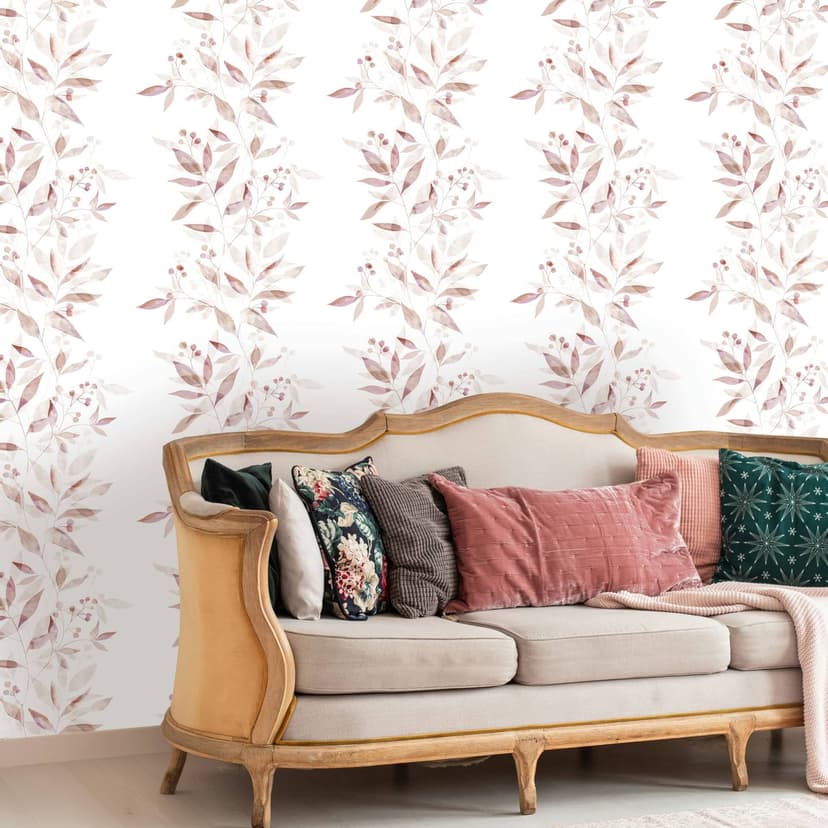 Papel pintado no tejido hojas naturaleza floral mate en blanco rojo