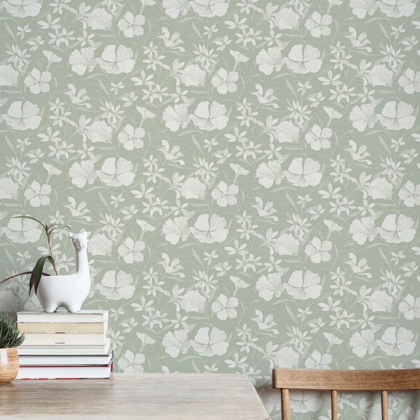 Papel pintado no tejido, papel pintado motivo floral La Terrasse verde